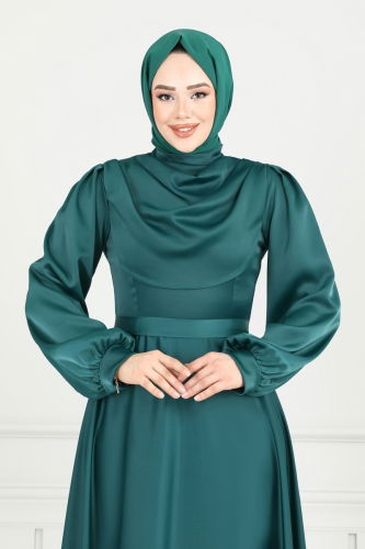 moda selvim Drapeli Saten Abiye 5681EDF311 Zümrüt - Thumbnail
