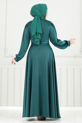 moda selvim Drapeli Saten Abiye 5681EDF311 Zümrüt - Thumbnail