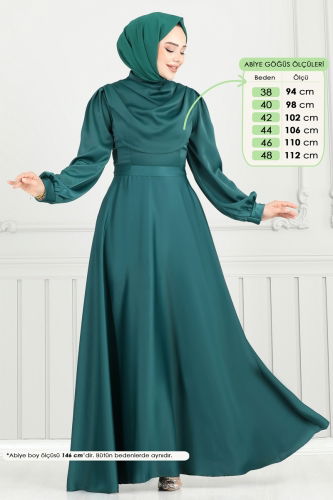 moda selvim Drapeli Saten Abiye 5681EDF311 Zümrüt - Thumbnail