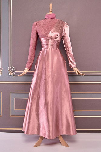 moda selvim Drapeli Saten Abiye ASM2539-M Pudra - Thumbnail