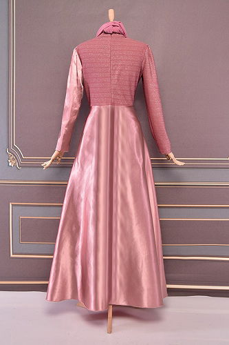moda selvim Drapeli Saten Abiye ASM2539-M Pudra - Thumbnail