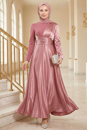 moda selvim Drapeli Saten Abiye ASM2539-M Pudra - Thumbnail