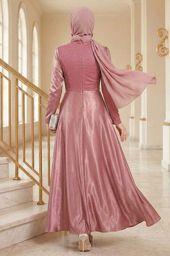 moda selvim Drapeli Saten Abiye ASM2539-M Pudra - Thumbnail