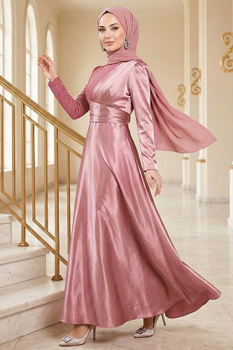 moda selvim Drapeli Saten Abiye ASM2539-M Pudra - Thumbnail