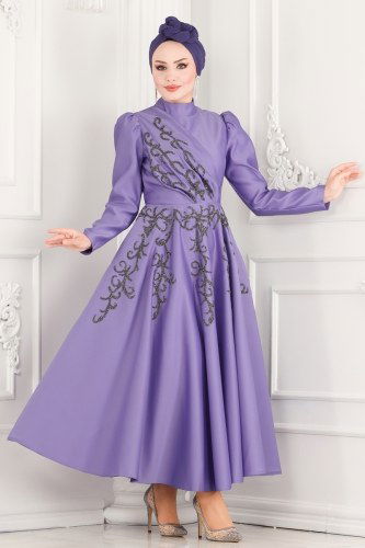 moda selvim Drapeli Saten Midi Abiye 6435YG95 Lavanta - Thumbnail