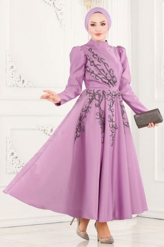 Y.G.S - Drapeli Saten Midi Abiye 6435YG95 Lila