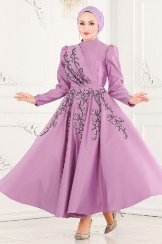 moda selvim Drapeli Saten Midi Abiye 6435YG95 Lila - Thumbnail