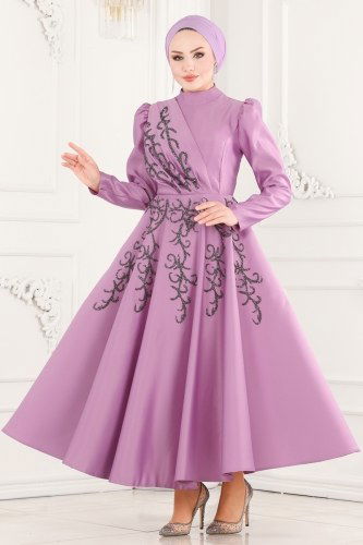 moda selvim Drapeli Saten Midi Abiye 6435YG95 Lila - Thumbnail