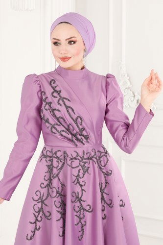moda selvim Drapeli Saten Midi Abiye 6435YG95 Lila - Thumbnail
