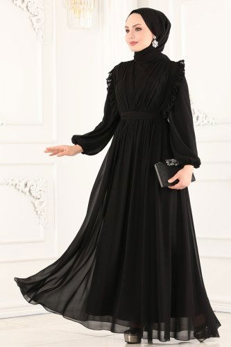 moda selvim Drapeli Şifon Abiye 5452AB368 Siyah - Thumbnail