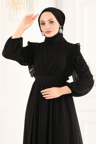 moda selvim Drapeli Şifon Abiye 5452AB368 Siyah - Thumbnail