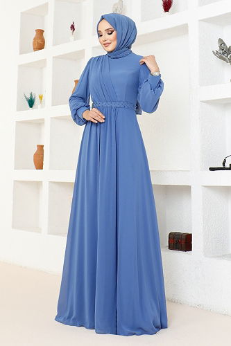 moda selvim Drapeli Şifon Abiye MDY4858-M İndigo - Thumbnail