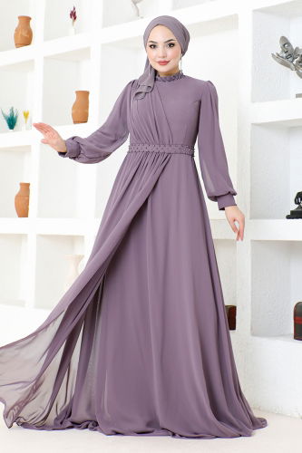 moda selvim Drapeli Şifon Abiye MDY4858-M Lila - Thumbnail
