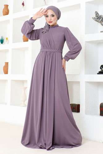moda selvim Drapeli Şifon Abiye MDY4858-M Lila - Thumbnail