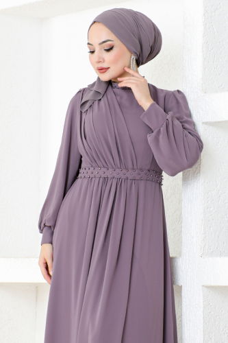 moda selvim Drapeli Şifon Abiye MDY4858-M Lila - Thumbnail