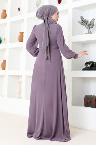 moda selvim Drapeli Şifon Abiye MDY4858-M Lila - Thumbnail
