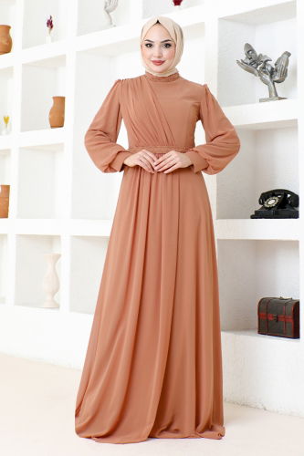 moda selvim Drapeli Şifon Abiye MDY4858-M Taba - Thumbnail