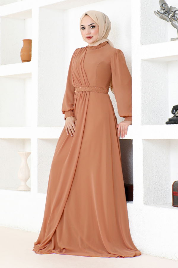 Modaselvim ABİYE Drapeli Şifon Abiye MDY4858-M Taba