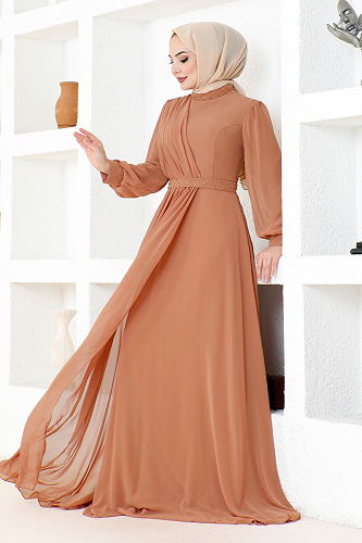 moda selvim Drapeli Şifon Abiye MDY4858-M Taba - Thumbnail