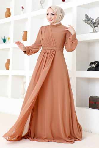 moda selvim Drapeli Şifon Abiye MDY4858-M Taba - Thumbnail