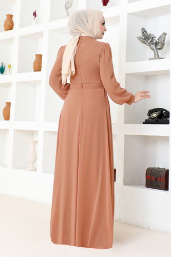 moda selvim Drapeli Şifon Abiye MDY4858-M Taba - Thumbnail