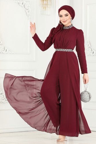 moda selvim Drapeli Şifon Abiye Tulum 5006AB368 Bordo - Thumbnail