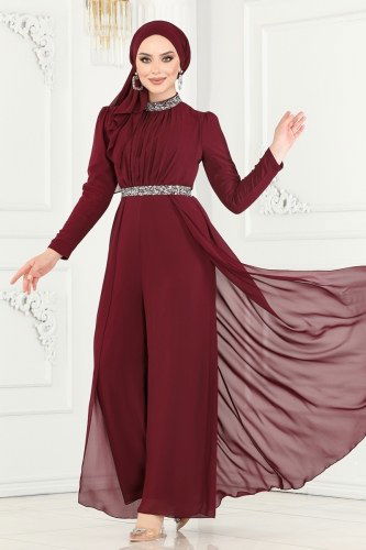 moda selvim Drapeli Şifon Abiye Tulum 5006AB368 Bordo - Thumbnail
