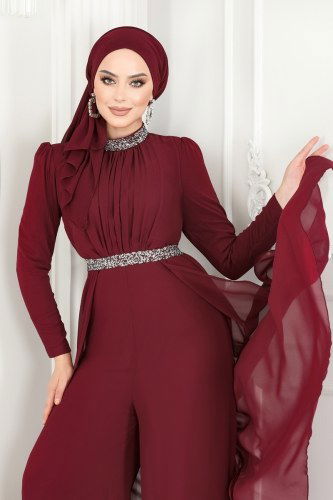 moda selvim Drapeli Şifon Abiye Tulum 5006AB368 Bordo - Thumbnail