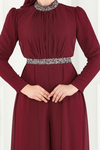 moda selvim Drapeli Şifon Abiye Tulum 5006AB368 Bordo - Thumbnail