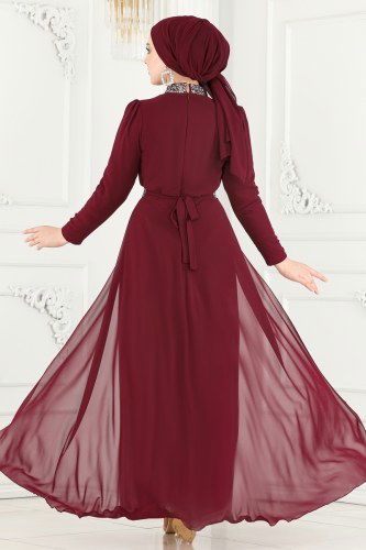 moda selvim Drapeli Şifon Abiye Tulum 5006AB368 Bordo - Thumbnail