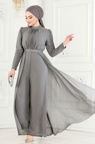 moda selvim Drapeli Şifon Abiye Tulum 5006AB368 Gri - Thumbnail