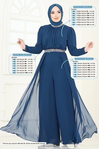 moda selvim Drapeli Şifon Abiye Tulum 5006AB368 Petrol - Thumbnail