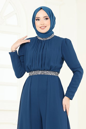 moda selvim Drapeli Şifon Abiye Tulum 5006AB368 Petrol - Thumbnail