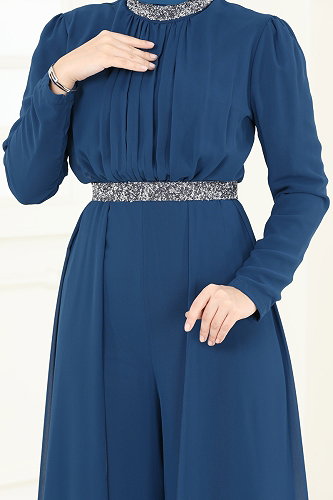 moda selvim Drapeli Şifon Abiye Tulum 5006AB368 Petrol - Thumbnail