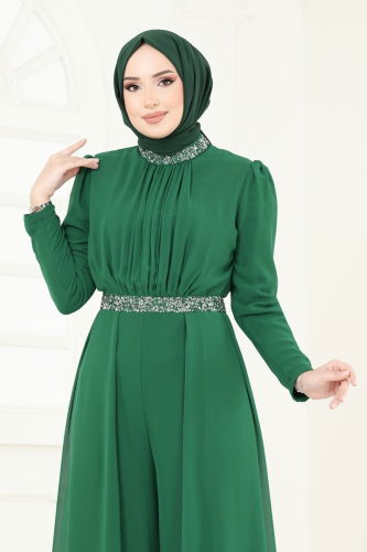 moda selvim Drapeli Şifon Abiye Tulum 5006AB368 Zümrüt - Thumbnail