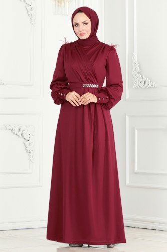 moda selvim Drapeli Taş Detay Abiye Elbise 270DVL817 Bordo - Thumbnail