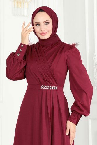 moda selvim Drapeli Taş Detay Abiye Elbise 270DVL817 Bordo - Thumbnail