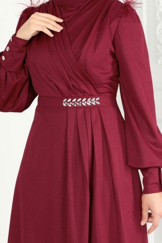 moda selvim Drapeli Taş Detay Abiye Elbise 270DVL817 Bordo - Thumbnail
