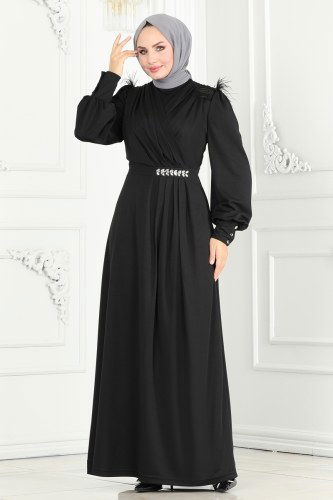moda selvim Drapeli Taş Detay Abiye Elbise 270DVL817 Siyah - Thumbnail