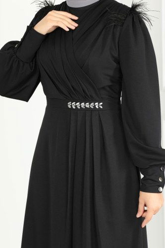 moda selvim Drapeli Taş Detay Abiye Elbise 270DVL817 Siyah - Thumbnail