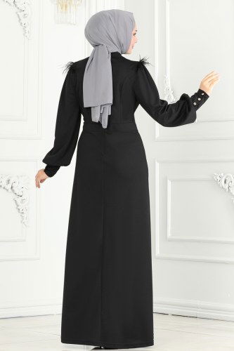 moda selvim Drapeli Taş Detay Abiye Elbise 270DVL817 Siyah - Thumbnail