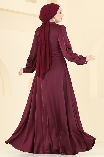 moda selvim Drapeli Taş Detaylı Abiye 6261BSK463 Bordo - Thumbnail