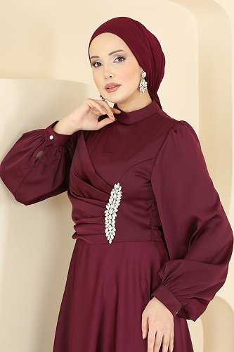 moda selvim Drapeli Taş Detaylı Abiye 6261BSK463 Bordo - Thumbnail
