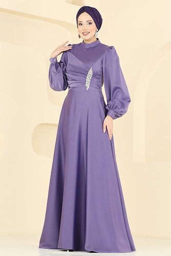 moda selvim Drapeli Taş Detaylı Abiye 6261BSK463 Lila - Thumbnail