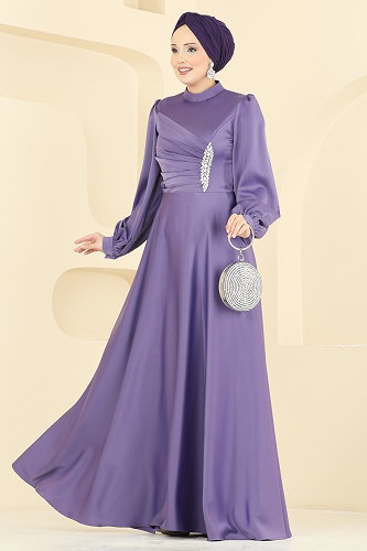 moda selvim Drapeli Taş Detaylı Abiye 6261BSK463 Lila - Thumbnail
