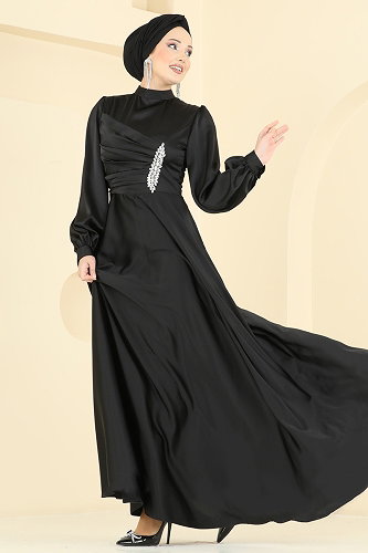 moda selvim Drapeli Taş Detaylı Abiye 6261BSK463 Siyah - Thumbnail