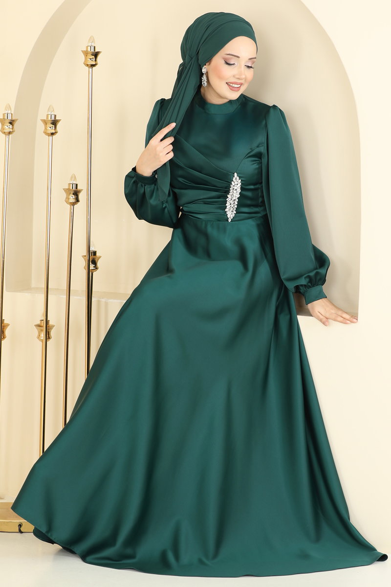 Drapeli Taş Detaylı Abiye 6261BSK463 Zümrüt