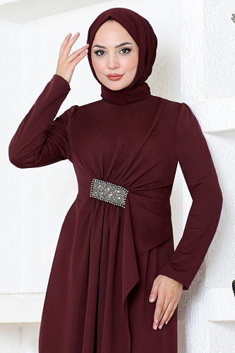 moda selvim Drapeli Taş İşlemeli Abiye 5020SL890 Bordo - Thumbnail