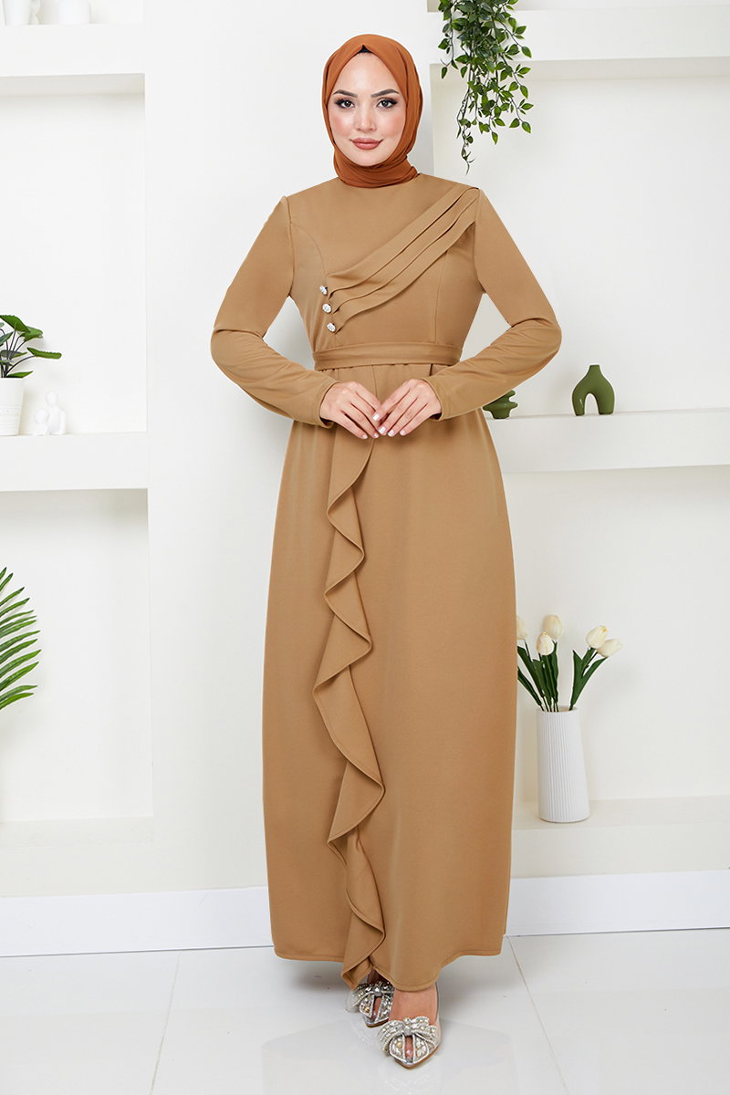 Drapeli Tesettür Abiye 12241PL940-M Latte