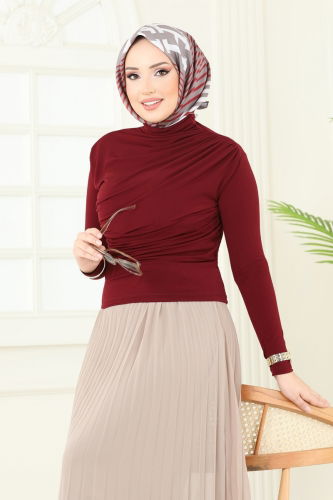 moda selvim Drapeli Tesettür Bluz 4725AYD574 Bordo - Thumbnail